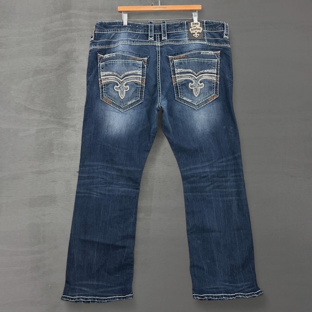 Rock Revival Robert Boot Jeans Blue Embroidered Distressed Heavy Stitch 44